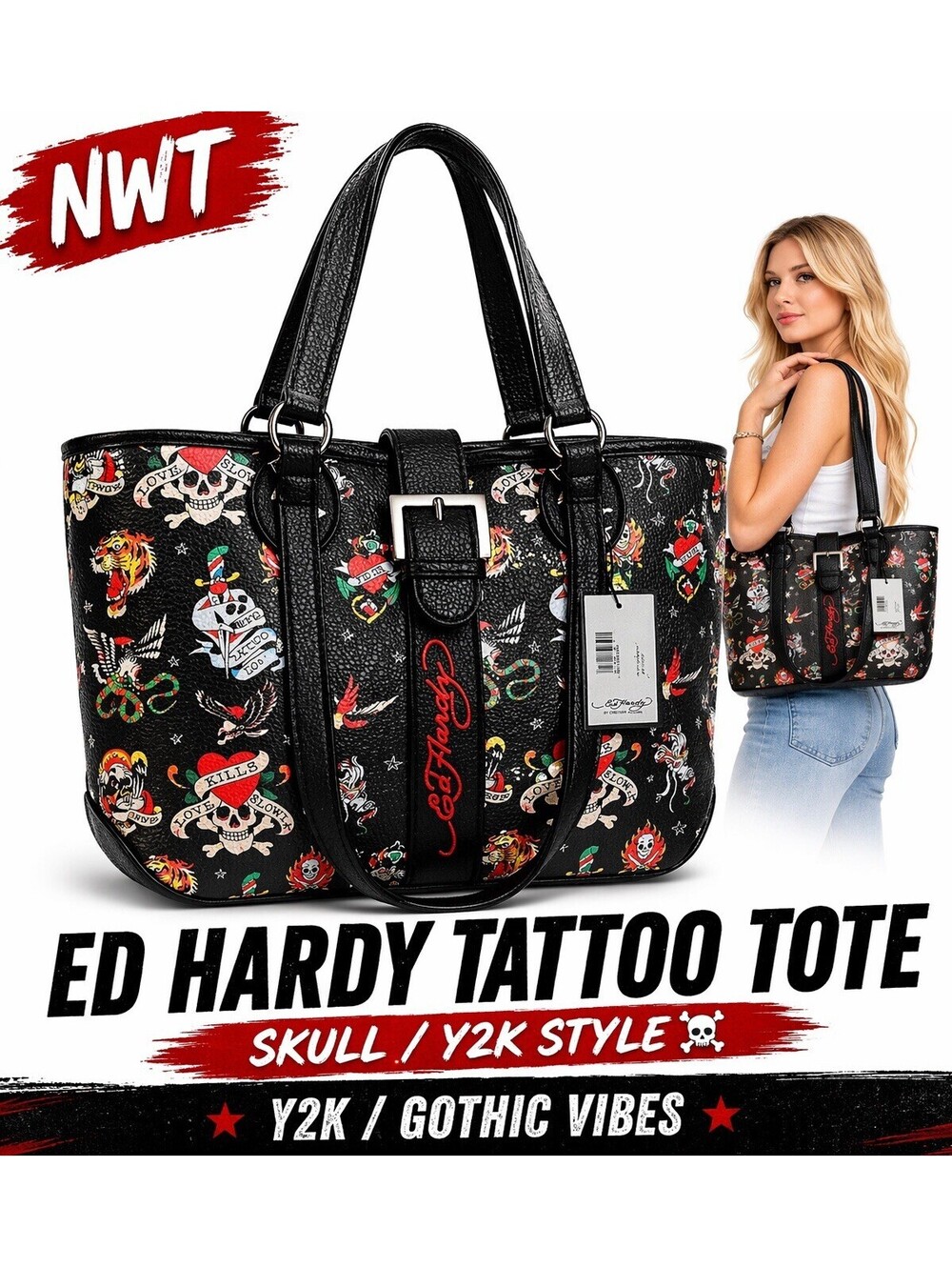 Ed Hardy BLACK Skull Tote Bag Y2K Goth Punk Tattoo Handbag Valentine"s